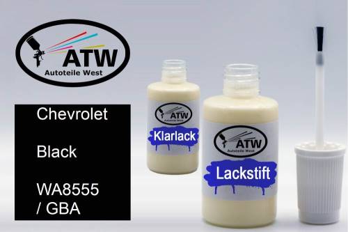 Chevrolet, Black, WA8555 / GBA: 20ml Lackstift + 20ml Klarlack - Set, von ATW Autoteile West.